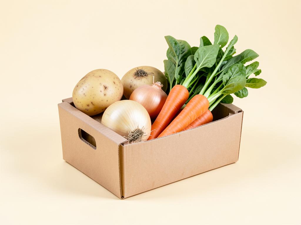 Small Fresh247 vegetable box with potatoes, onions, spinach, and carrots